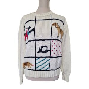 Vintage Country Supremes Novelty Knit Sweater Horses Dogs Size L Acrylic
